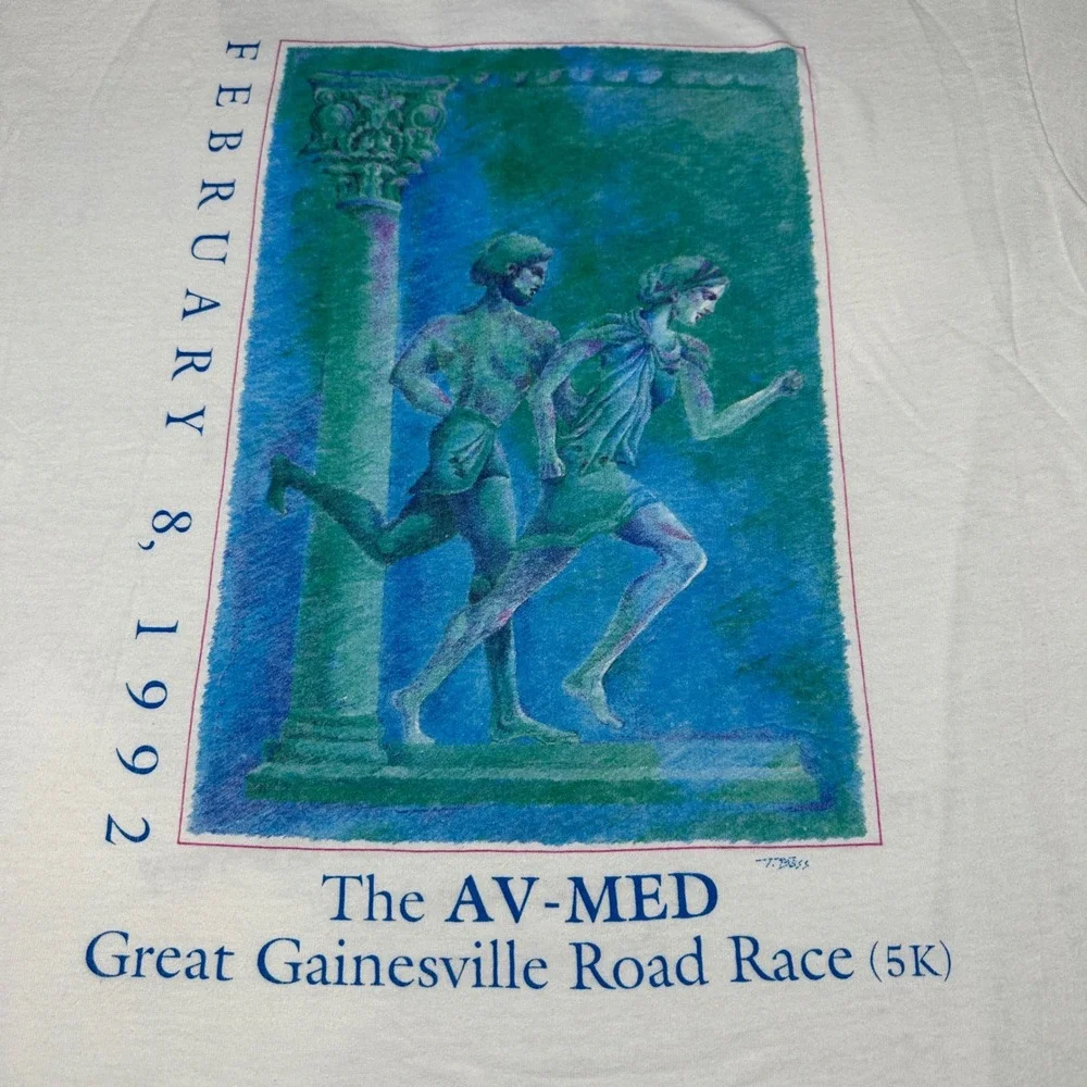 Vintage 1992 Adidas AV-MED Great Gainesville Road Race 5K Shirt White Large 90s